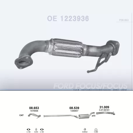 POLMO 08.653 - Kipufogó középső cső FORD FOCUS 1.6 D (2003-)