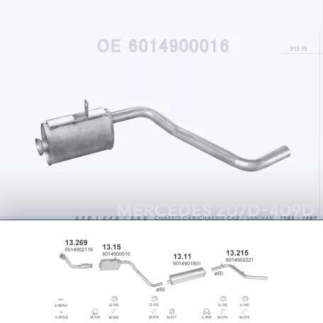 POLMO 13.15 - Kipufogó közép dob MERCEDES 207D 2.3 D, 2.4 D, 3.0 D (1985-1989)