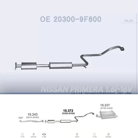 POLMO 15.372 - Kipufogó közép dob NISSAN PRIMERA 1.6, 1.8 (1999-2002)