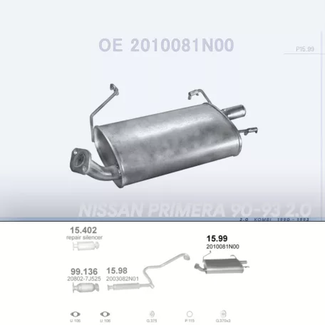 POLMO 15.99 - Kipufogó hátsó dob NISSAN PRIMERA 2.0 (1990-1993)