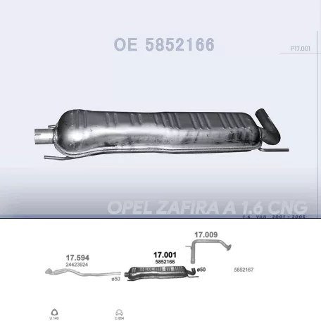 POLMO 17.001 - Kipufogó közép dob OPEL ZAFIRA 1.6 (2001-2005)