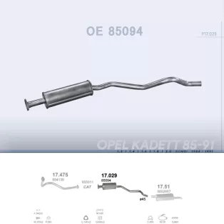   POLMO 17.029 - Kipufogó közép dob OPEL KADETT 1.3, 1.4, 1.6, 1.8, 2.0 (1984-1991)