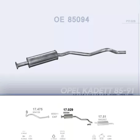 POLMO 17.029 - Kipufogó közép dob OPEL KADETT 1.3, 1.4, 1.6, 1.8, 2.0 (1984-1991)