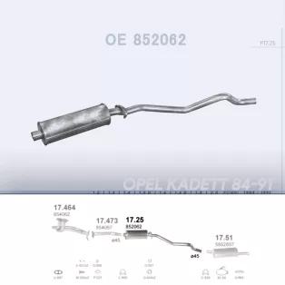   POLMO 17.25 - Kipufogó közép dob OPEL KADETT 1.2, 1.3, 1.4, 1.5 D, 1.6, 1.6 D, 1.8, 2.0 (1984-1991)
