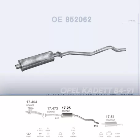 POLMO 17.25 - Kipufogó közép dob OPEL KADETT 1.2, 1.3, 1.4, 1.5 D, 1.6, 1.6 D, 1.8, 2.0 (1984-1991)