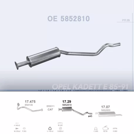 POLMO 17.29 - Kipufogó közép dob OPEL KADETT 1.3, 1.4, 1.6, 1.8, 2.0 (1984-1991)
