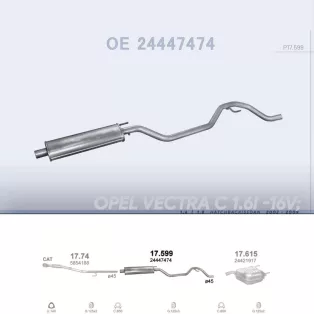   POLMO 17.599 - Kipufogó közép dob OPEL VECTRA 1.6, 1.8 (2002-2009)