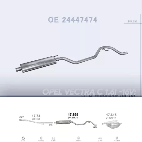 POLMO 17.599 - Kipufogó közép dob OPEL VECTRA 1.6, 1.8 (2002-2009)