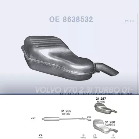 POLMO 31.257 - Kipufogó hátsó dob VOLVO V70 2.0, 2.3, 2.4, 2.4 D, 2.5 (2000-2007)