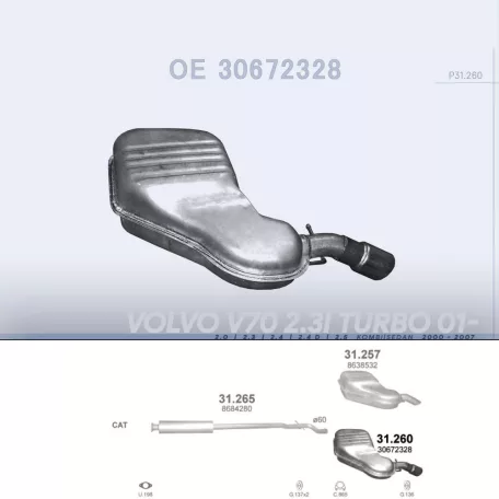 POLMO 31.260 - Kipufogó hátsó dob VOLVO V70 2.0, 2.3, 2.4, 2.4 D, 2.5 (2000-2007)
